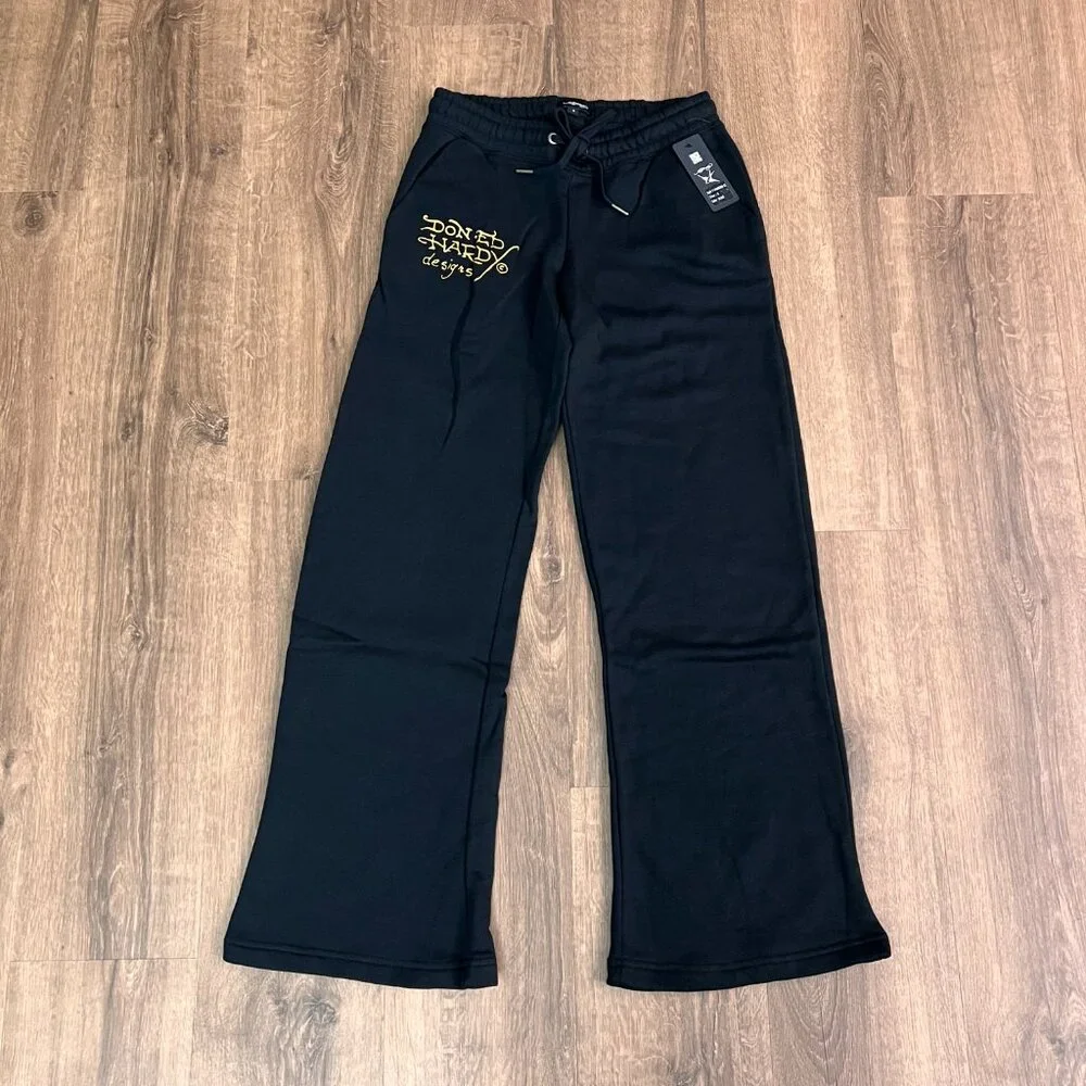 NEW Ed Hardy Tiger Tattoo Wide Leg Black Jogger Sweatpants Y2K - Picture 3 of 12